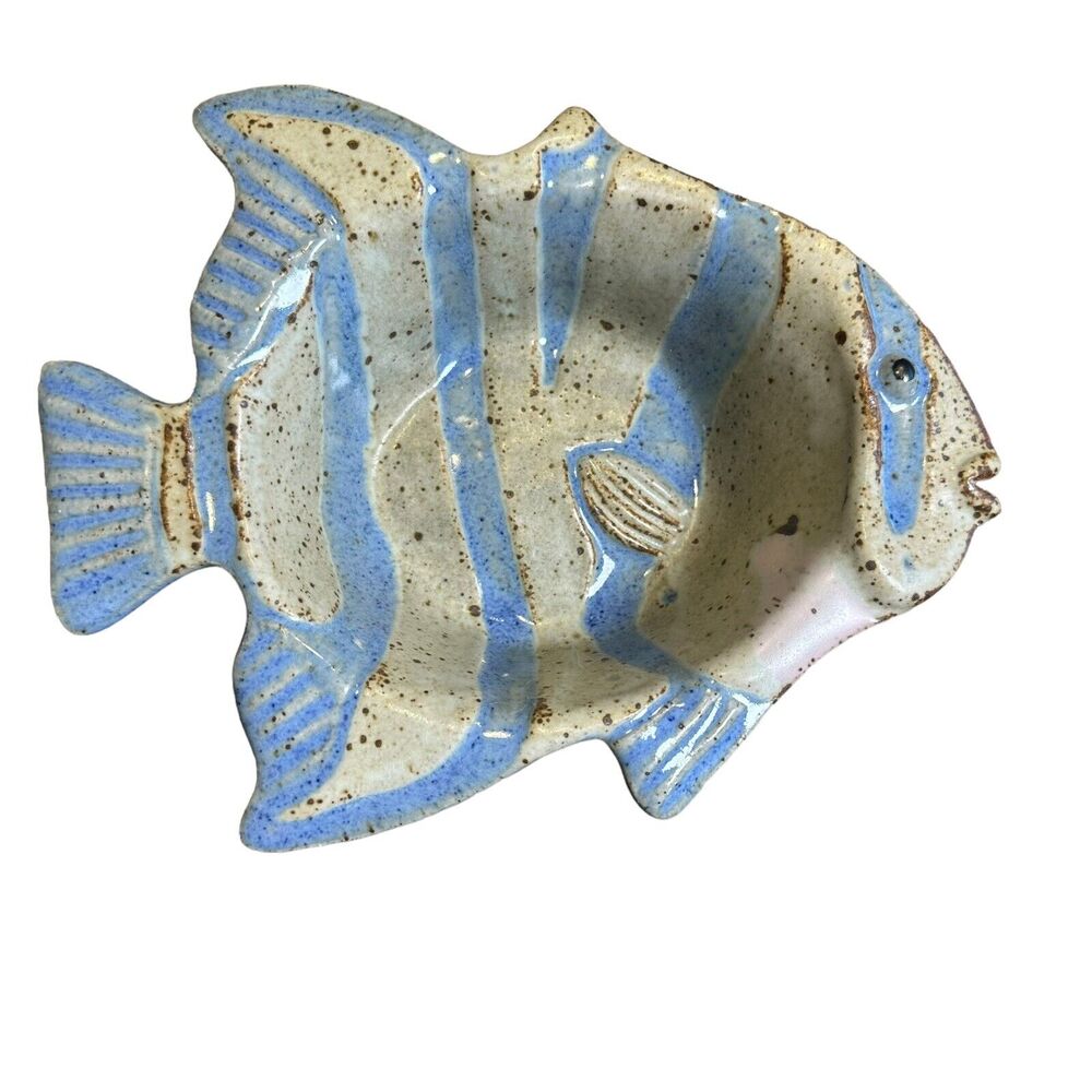 Vintage Tom Chamberlain Stamped Ceramic Glazed Pottery Fish Bowl Beach Coastal